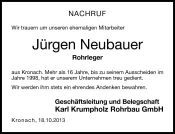 Traueranzeige von Jürgen Neubauer von Neue Presse Coburg