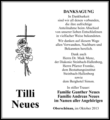 Traueranzeige von Tilli Neues von Südthüringer Presse