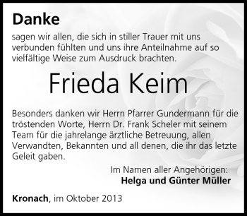 Traueranzeige von Frieda Keim von Neue Presse Coburg