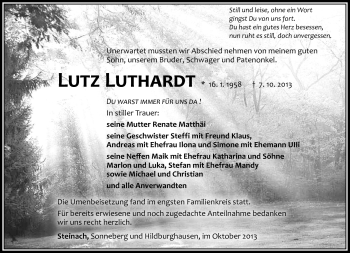 Traueranzeige von Lutz Luthardt von Südthüringer Presse