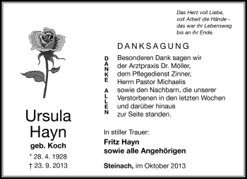 Traueranzeige von Ursula Hayn von Südthüringer Presse