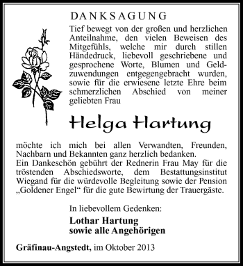 Traueranzeige von Helga Hartung von Südthüringer Presse