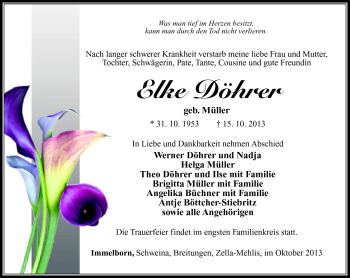 Traueranzeige von Elke Döhrer von Südthüringer Presse