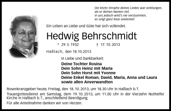 Traueranzeige von Hedwig Behrschmidt von Neue Presse Coburg