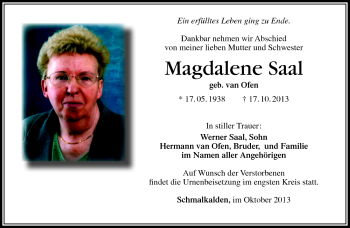Traueranzeige von Magdalene Saal von Südthüringer Presse
