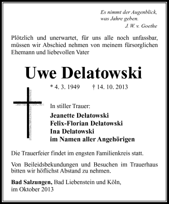 Traueranzeige von Uwe Delatowski von Südthüringer Presse
