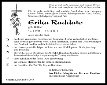 Traueranzeige von Erika Raddatz von Südthüringer Presse