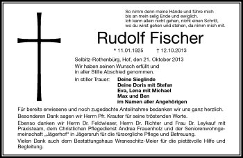 Traueranzeige von Rudolf Fischer von Frankenpost
