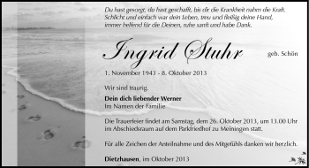 Traueranzeige von Ingrid Stuhr von Südthüringer Presse