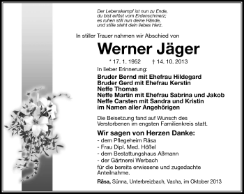 Traueranzeige von Werner Jäger von Südthüringer Presse