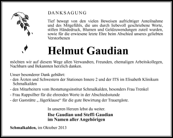 Traueranzeige von Helmut Gaudian von Südthüringer Presse