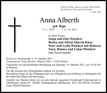 Traueranzeige von Anna Alberth von Neue Presse Coburg