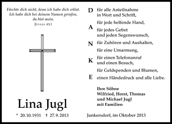 Traueranzeige von Lina Jugl von Neue Presse Coburg