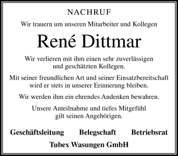 Traueranzeige von René Dittmar von Südthüringer Presse