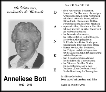 Traueranzeige von Anneliese Bott von Südthüringer Presse