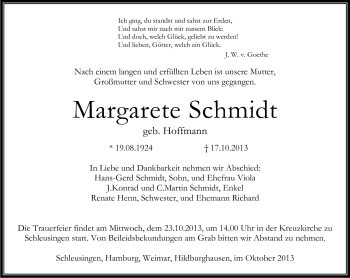 Traueranzeige von Margarethe Schmidt von Südthüringer Presse