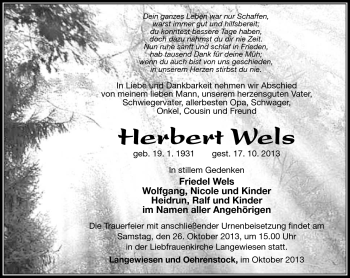 Traueranzeige von Herbert Wels von Südthüringer Presse