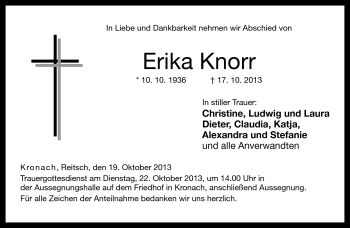 Traueranzeige von Erika Knorr von Neue Presse Coburg