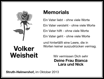 Traueranzeige von Volker Weisheit von Südthüringer Presse