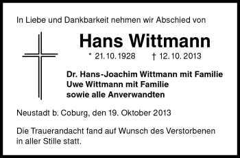Traueranzeige von Hans Wittmann von Neue Presse Coburg