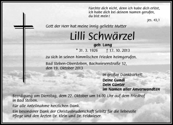 Traueranzeige von Lilli Schwärzel von Frankenpost