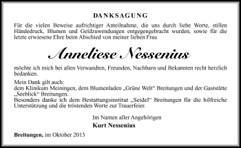 Traueranzeige von Anneliese Nessenius von Südthüringer Presse