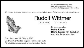 Traueranzeige von Rudolf Wittmer von Neue Presse Coburg