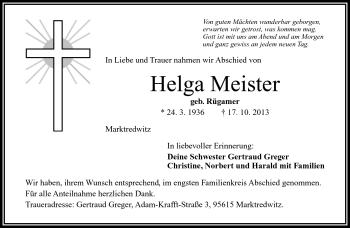 Traueranzeige von Helga Meister von Frankenpost