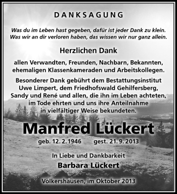Traueranzeige von Manfred Lückert von Südthüringer Presse