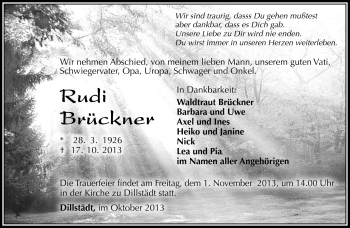 Traueranzeige von Rudi Brückner von Südthüringer Presse