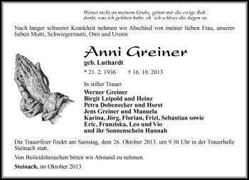 Traueranzeige von Anni Greiner von Südthüringer Presse