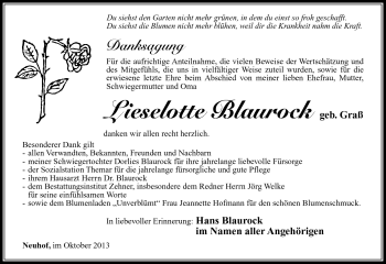 Traueranzeige von Lieselotte Blaurock von Südthüringer Presse
