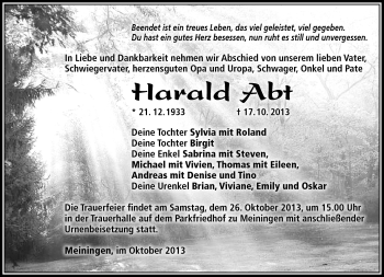 Traueranzeige von Harald Abt von Südthüringer Presse