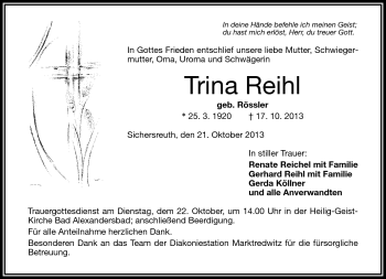 Traueranzeige von Trina Reihl von Frankenpost