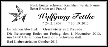 Traueranzeige von Wolfgang Fettke von Südthüringer Presse