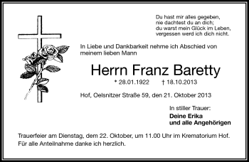 Traueranzeige von Franz Baretty von Frankenpost