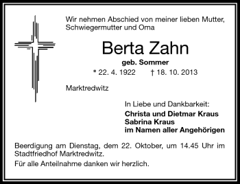 Traueranzeige von Berta Zahn von Frankenpost