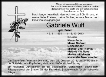 Traueranzeige von Gabriele Wulf von Frankenpost