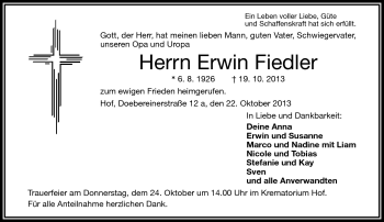 Traueranzeige von Erwin Fiedler von Frankenpost