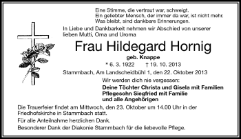 Traueranzeige von Hildegard Hornig von Frankenpost