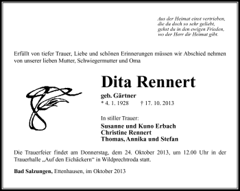 Traueranzeige von Dita Rennert von Südthüringer Presse