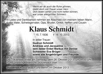 Traueranzeige von Klaus Schmidt von Südthüringer Presse