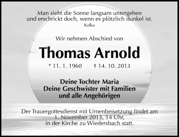 Traueranzeige von Thomas Arnold von Südthüringer Presse