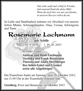 Traueranzeige von Rosemarie Lachmann von Südthüringer Presse