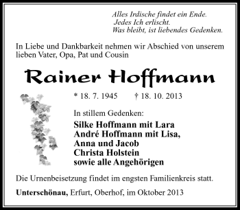 Traueranzeige von Rainer Hoffmann von Südthüringer Presse