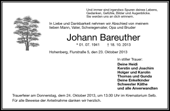 Traueranzeige von Johann Bareuther von Frankenpost