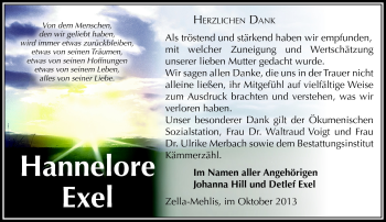 Traueranzeige von Hannelore Exel von Südthüringer Presse