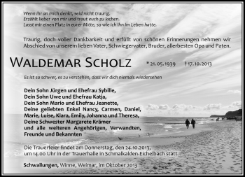 Traueranzeige von Waldemar Scholz von Südthüringer Presse