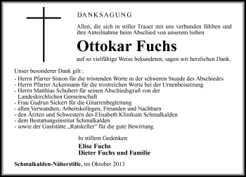 Traueranzeige von Ottokar Fuchs von Südthüringer Presse