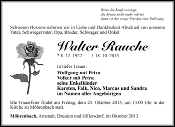 Traueranzeige von Walter Rauche von Südthüringer Presse